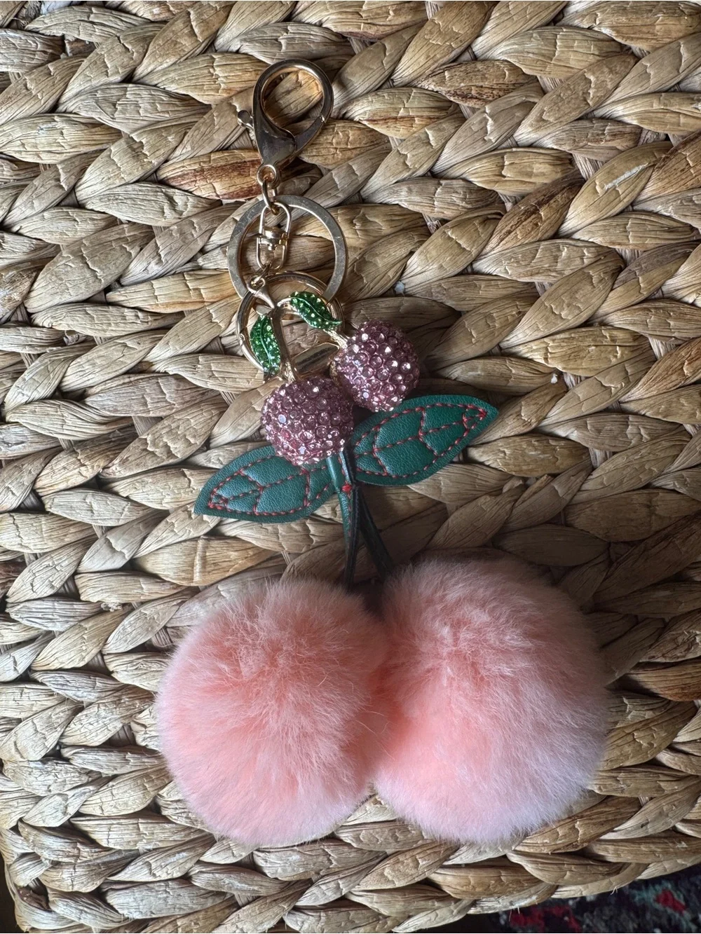 Cherry Pom Pom Bag Charm Keychain Pink Faux Fur Rhinestone 🍒